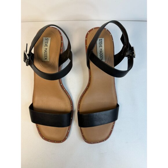 Steve Madden Ares Black Leather Studded Ankle Strap Wedge Sandals Women Size 9M - Picture 3 of 12